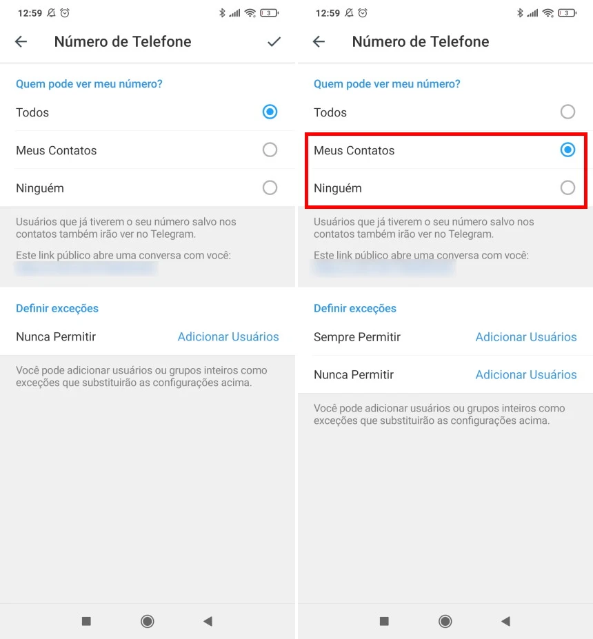 Como esconder o número de telefone no Telegram - Passo 3