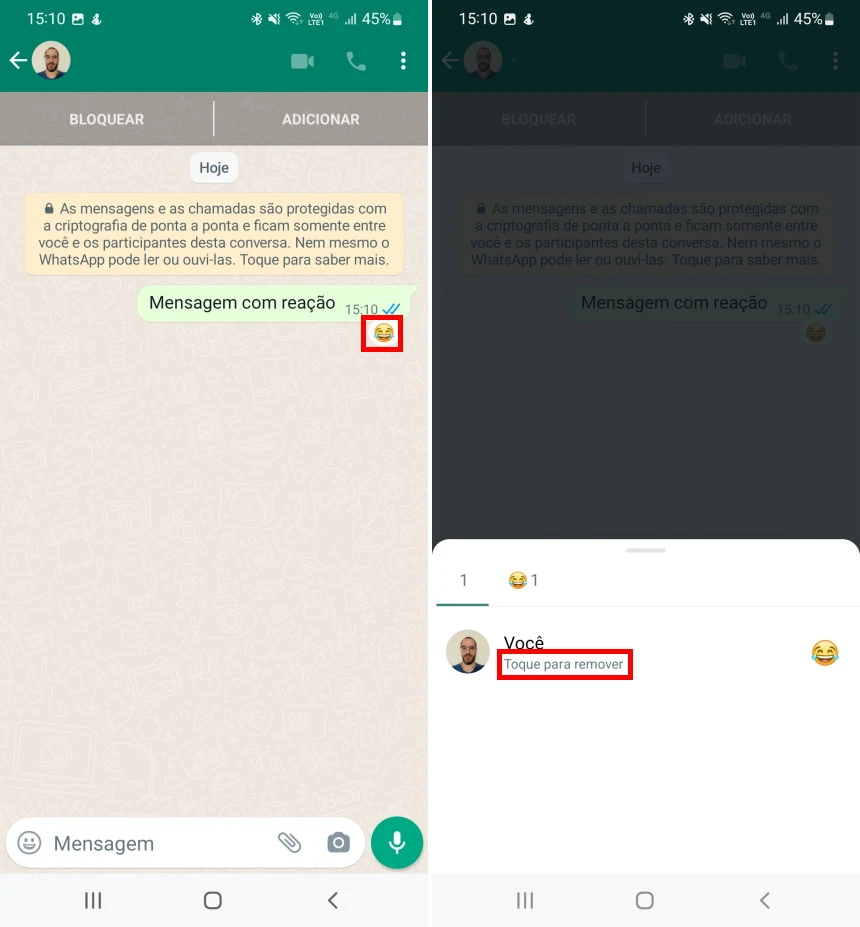 Como remover uma reação enviada no WhatsApp celular