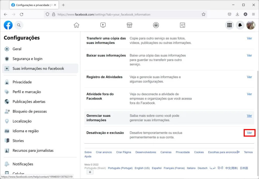 Como desativar o seu perfil do Facebook - Passo 2