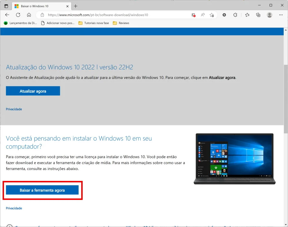 Como baixar o Windows 10 22H2 - Passo 1