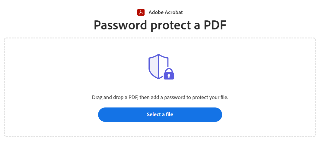 Captura mostra tela inicial da ferramenta online Adobe PDF Protection Tool