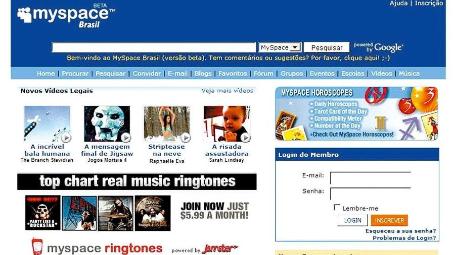 Imagem mostra a tela inicial do MySpace, que há 20 anos era a maior rede social do mundo
